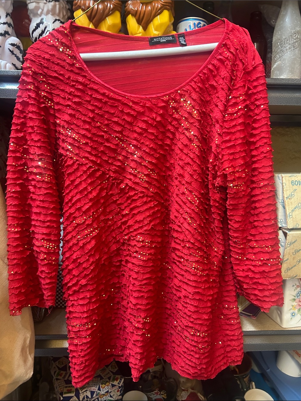Vintage made in USA Notations Red Ruffle Sequin Tunic PXL gold sequins